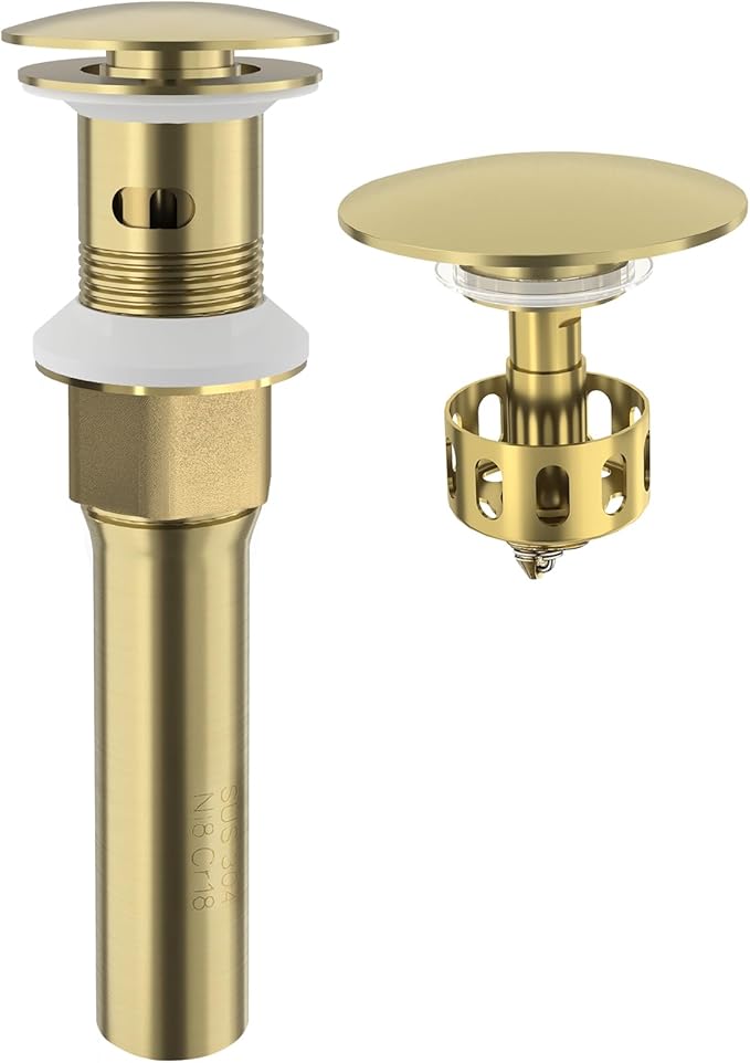 KAIYING Pop Up Drain, Bathroom Sink Drain Stopper with Overflow, Vessel Sink Drain Assembly with Detachable Basket Stopper, Anti-Explosion and Anti-Clogging Drain Strainer（Brushed Champagne Gold）