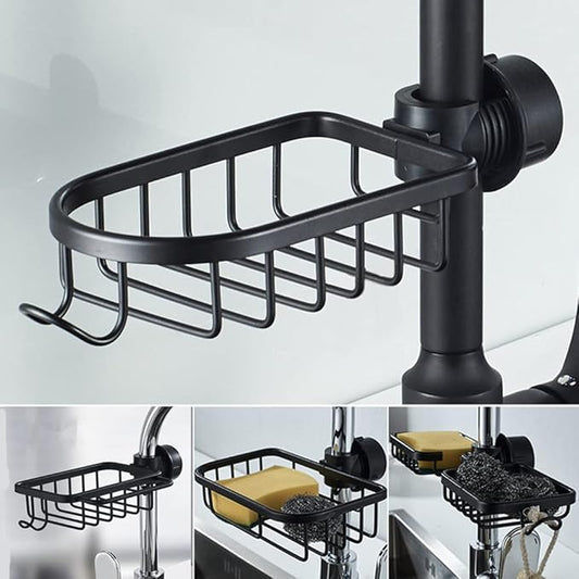 Kitchen Faucet Sponge Holder Sink Caddy Organizer Over Faucet Hanging Faucet Drain Rack for Sink Organizer (Black-Upgraded)