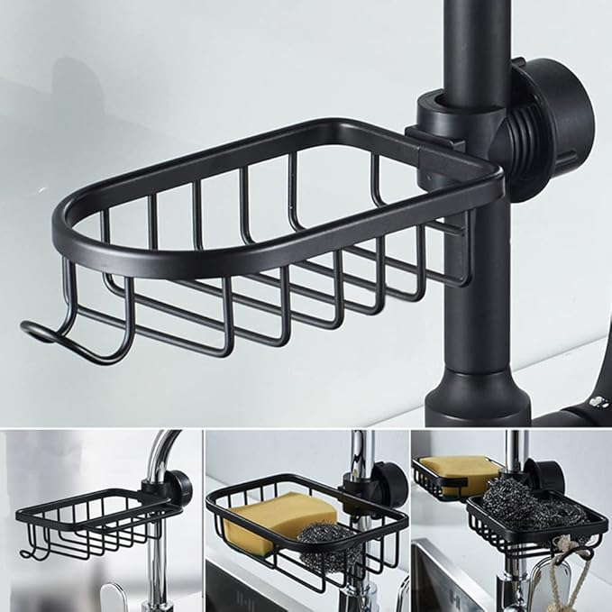 Kitchen Faucet Sponge Holder Sink Caddy Organizer Over Faucet Hanging Faucet Drain Rack for Sink Organizer (Black-Larger)