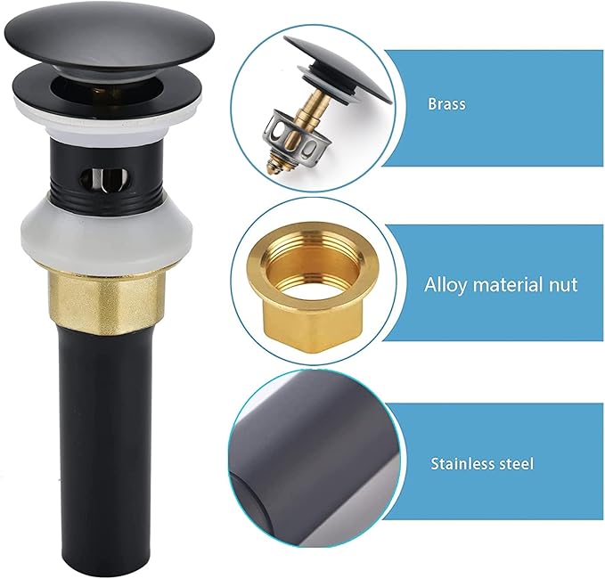 Rockgoya Bathroom Sink Drain,2 Pack Drain Stopper Bathroom Sink with Overflow,Pop Up Drain Assembly with Detachable Strainer Basket,Built-in Anti-Clogging Strainer,Stainless Steel Mattle Black