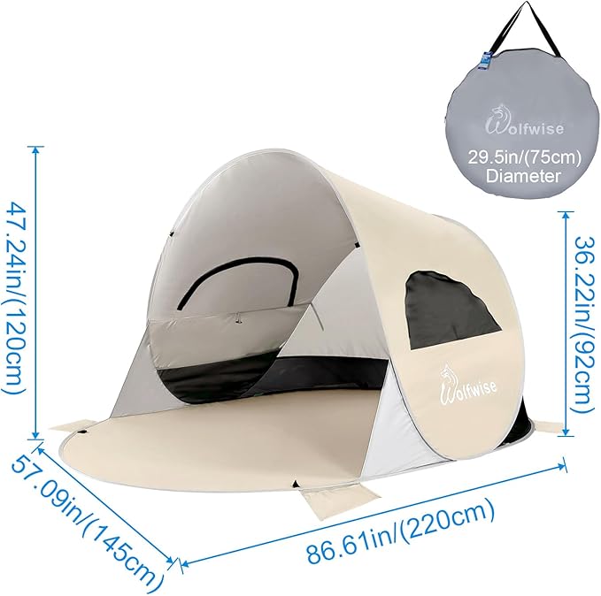 WolfWise UPF 50+ Easy Pop Up 3-4 Person Beach Tent Sport Umbrella Instant Sun Shelter Tent Sun Shade Canopy, Beige