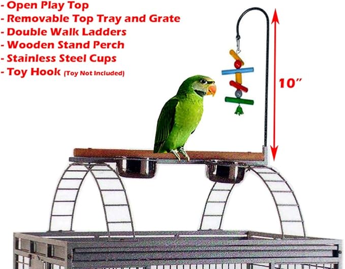Huge XX-Large Double Ladders Open Play Top Wrought Iron Bird Parrot Parakeet Finch Macaw Cockatoo Rolling Cage Include Metal Trays Around Seed Guard and Toy Hook