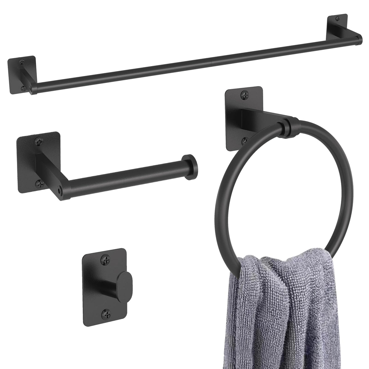 Matte Black Bathroom Accessories Set, KLJKPA 4 Pieces Bathroom Hardware Set, 24 inch Towel Bar, Towel Racks for Bathroom, Robe Towel Hooks, Toilet Paper Holder Wall Mounted