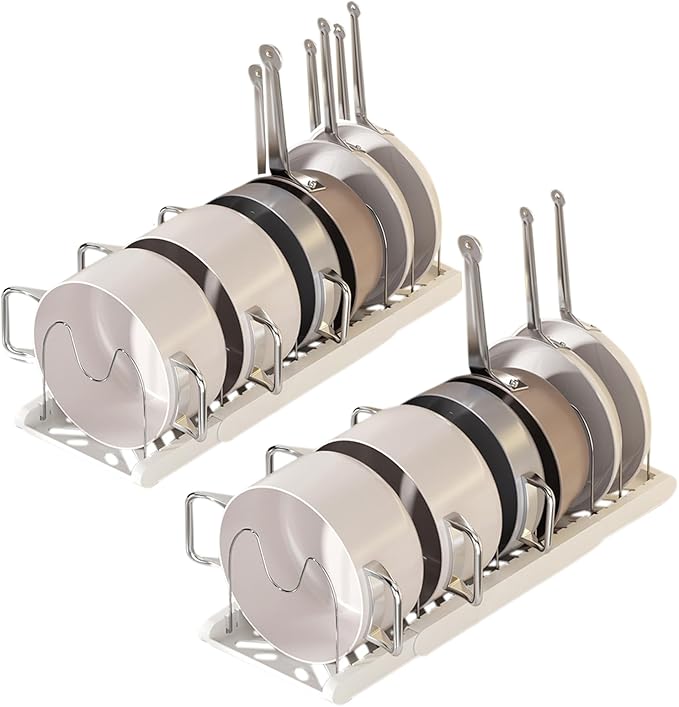 Pot Rack -Expandable Pan Organizer for Cabinet,Pot Lid Holder with 7 Adjustable Compartment for Kitchen Cabinet Cookware Baking Frying Rack,2Pack,Apricot