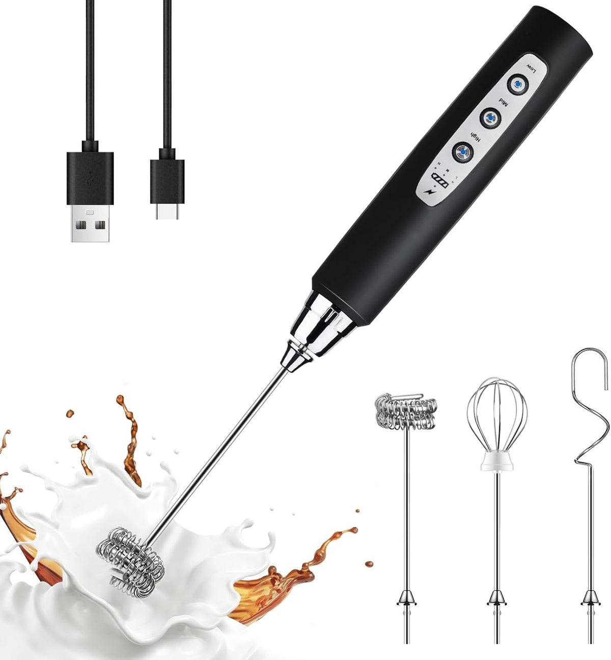 YUSWKO Black Handheld Milk Frother Wand for Coffee, Rechargeable Electric Whisk with 3 Heads 3 Speeds Drink Mixer Coffee Frother For Latte, Cappuccino, Hot Chocolate, Egg