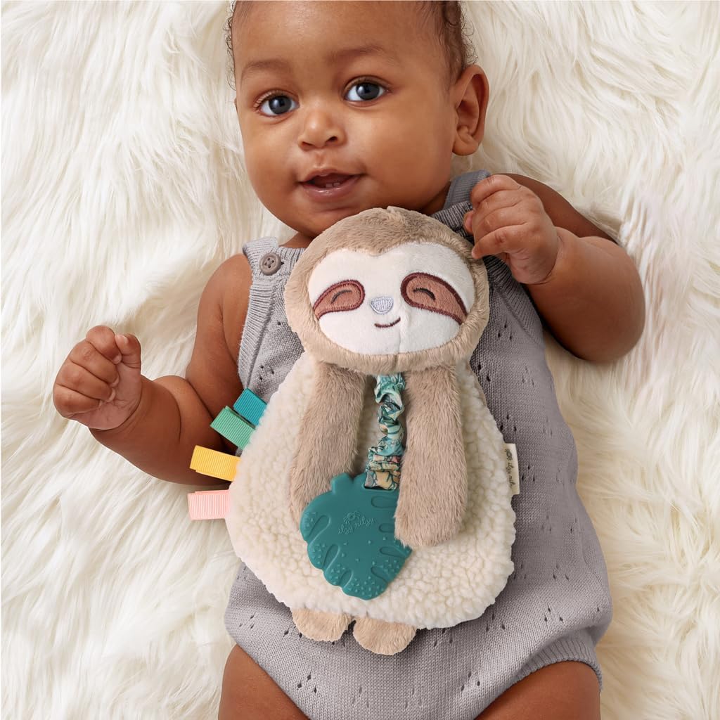 Itzy Ritzy - Itzy Lovey Including Teether - Baby Lovey with Teether, Textured Ribbons & Dangle Arms - Features Crinkle Sound, Sherpa Fabric and Minky Plush (Sloth)