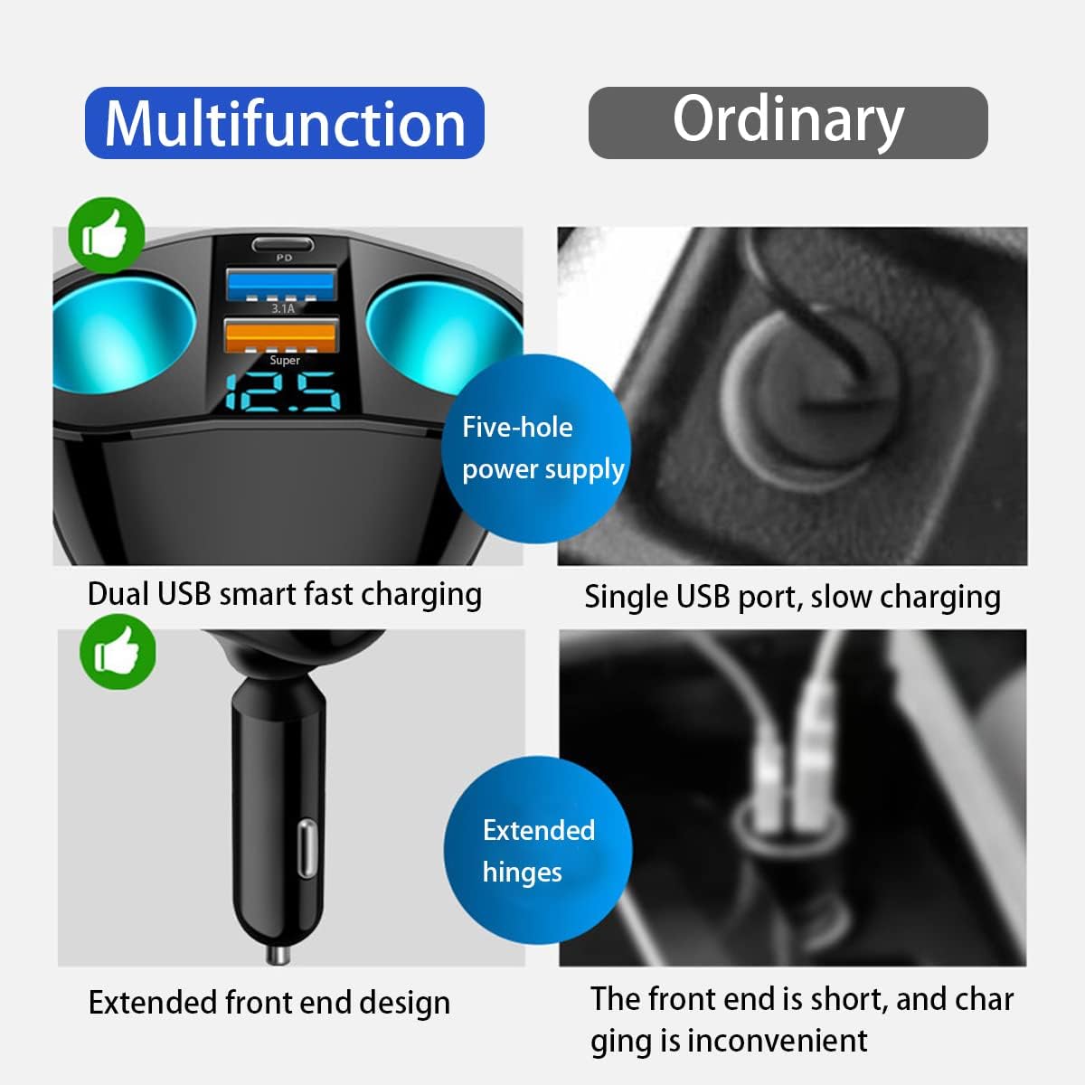 Car Cigarette Lighter Splitter, 2-Socket Cigarette Lighter Adapter with LED Voltmeter, Dual USB QC3.0 Type-C 20W PD Fast Car Charger, 12V/24V Splitter Adapter for Smart Phone GPS Dash Cam
