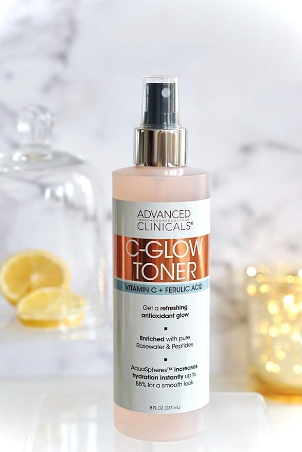 Advanced Clinicals Vitamin C Glow Facial Mist Toner for Face W/Rosewater, Ferulic Acid, & Peptides. Vitamin C Antioxidant Moisturizer Face Mist Provides Instant Skin Hydration, Non-Greasy, 8 Fl Oz