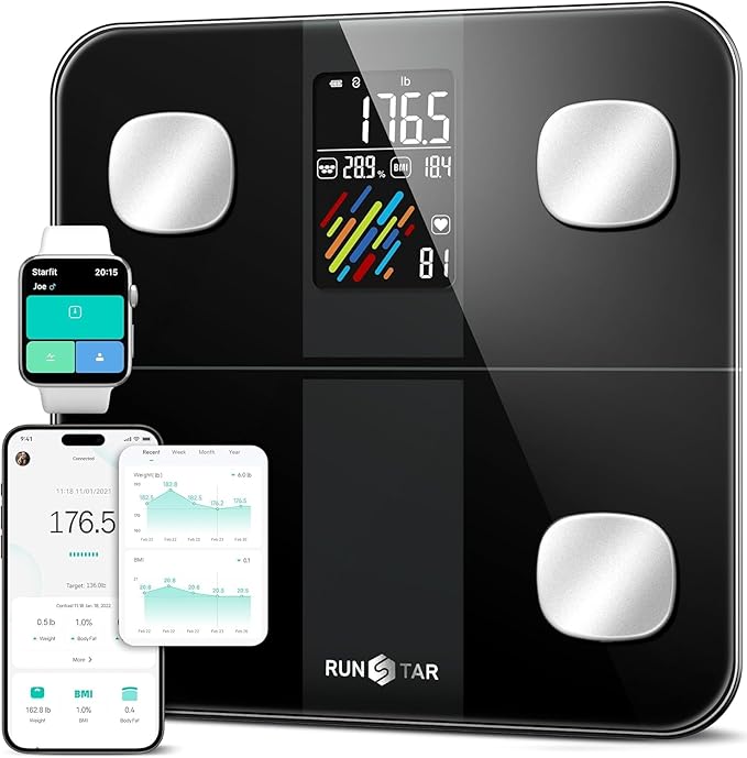 Runstar Smart Scale for Body Weight and Fat Percentage, High Accuracy Digital Bathroom Scale with Large Display for BMI Heart Rate 15 Body Composition Analyzer Sync with Fitness App 400lb