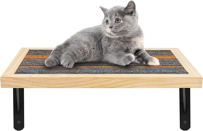Handcrafted Wood Cat Perch & Shelves - Floating Shelf with Cat Hammock Seat, Lounge Bed, Climbing Steps for Relaxing, Playing and Scratching