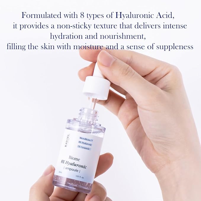 RAVIEL Biome 8X Hyaluronic Ampoule – Intensive Hydration & Pore Care Serum with 5X Ceramide for Dehydrated, Sensitive Skin, Korean Skincare, 30ml 1.01 fl oz