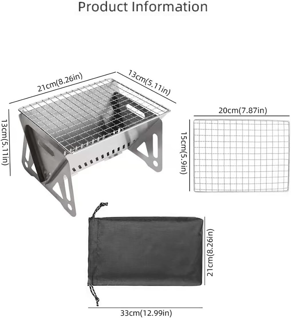 WINB Portable Folding BBQ Grill for 1-2 People - Mini Charcoal Grill for Camping, Compact Stainless Steel Fire Pit with Carry Bag, Outdoor Grill for Backyard, Hiking & Picnic (8.2X5.5 IN)