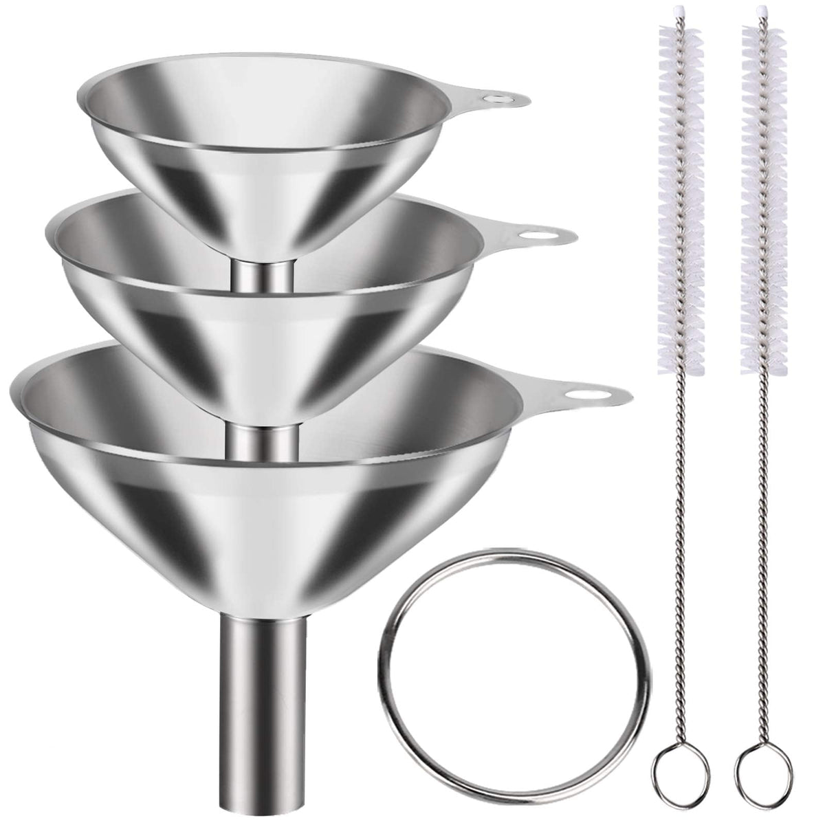 Metal Stainless Steel Funnel, Large Medium Small Funnel Set of 3, Food Grade Mini Funnels for Kitchen Use Filling Bottles Flask Cooking, 2 Brushes YLYL