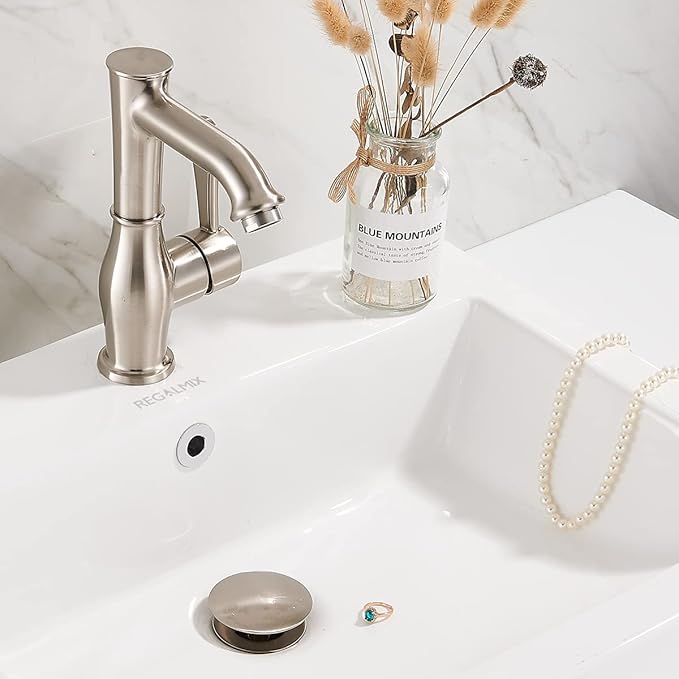REGALMIX Bathroom Sink Drain with Overflow, Brushed Nickel Pop Up Drain 2 Pack, All Metal Bathroom Sink Stopper for Vanity Vessel Sink, Stainless Steel and Brass, RM083J-P2