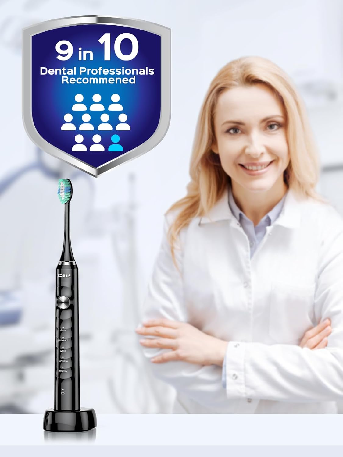 COSLUS Sonic Electric Toothbrush for Adults: 47000 VPM for Deep Cleaning & Whitening with Travel Case - 5 Modes for Sensitive Teeth & Braces, Wireless Charging, 6 Brush Heads for Home Family, Black