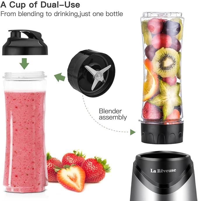 La Reveuse Smoothie Blender Personal Size 300 Watts with 2 Pieces 18 oz BPA-Free Travel Sports Bottles (Silver)