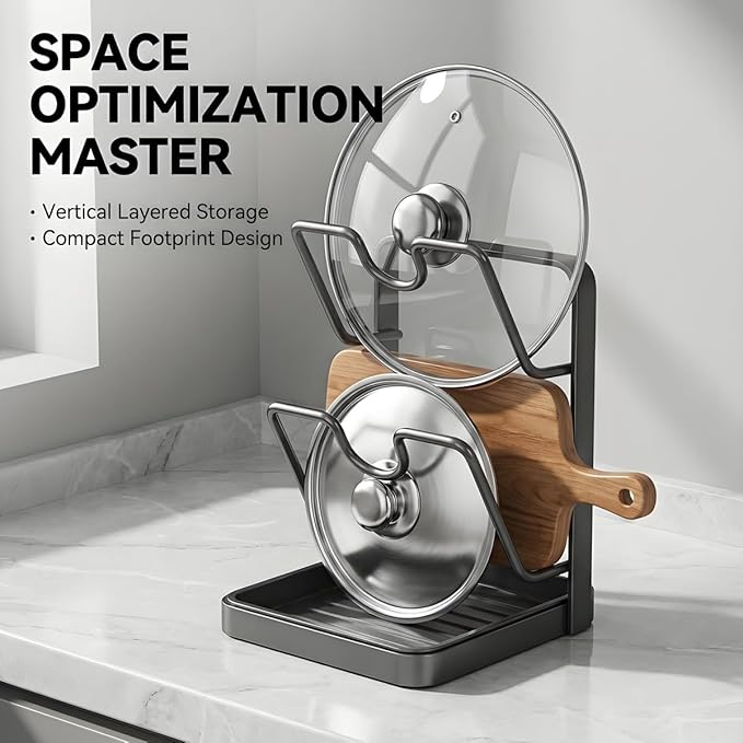 Pot Lid Organizer Holder Rack for While Cooking Under Cabinet Crockpot Pan and Storage Crock Spoon Rest with Kitchen Top Double U-Shaped Slots Steel Countertop Counter Stainless Stand Drip Tray