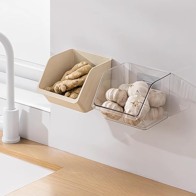 6-Pack Small Beige Storage Baskets, Plastic Storage Bins Kitchen Wall Organizer and Storage Shelves, Spice Organizer, Adhesive Spice Rack Wall Mount for Countertop/Cabinet/Bathroom