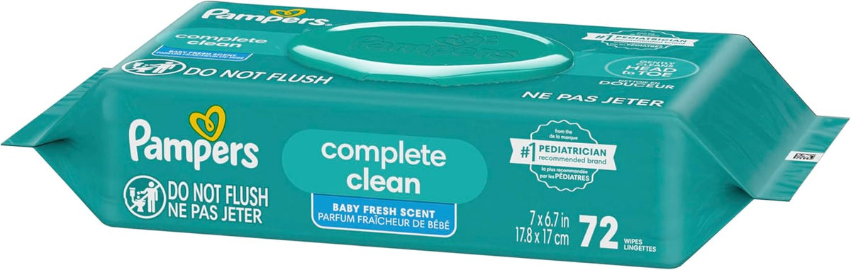 Pampers Baby Wipes, Complete Clean Baby Fresh Scented Wipe, Gently Cleans Head to Toe, 72 Total (1 Flip-Top Packs)