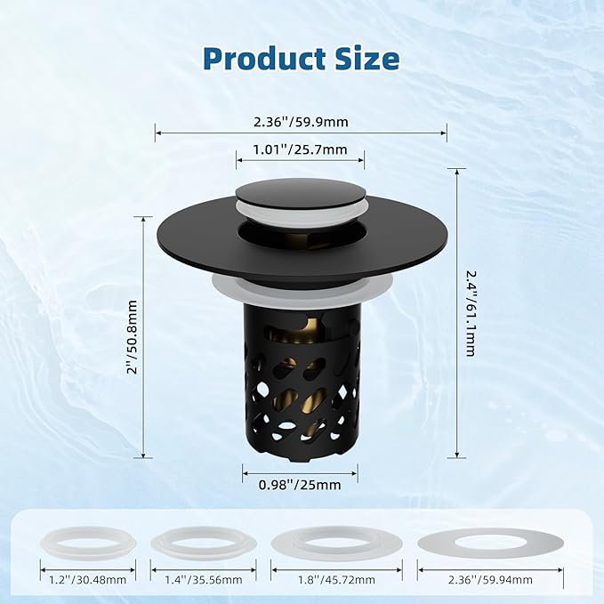 iFealClear 2 Pack All Metal Bathroom Sink Stopper, Pop Up Sink Drain Strainer with Removable Stainless Steel Filter Basket, Universal for 1.1"-2.36" Sink, Brass Bounce Core, Hair Catcher, Matte Black