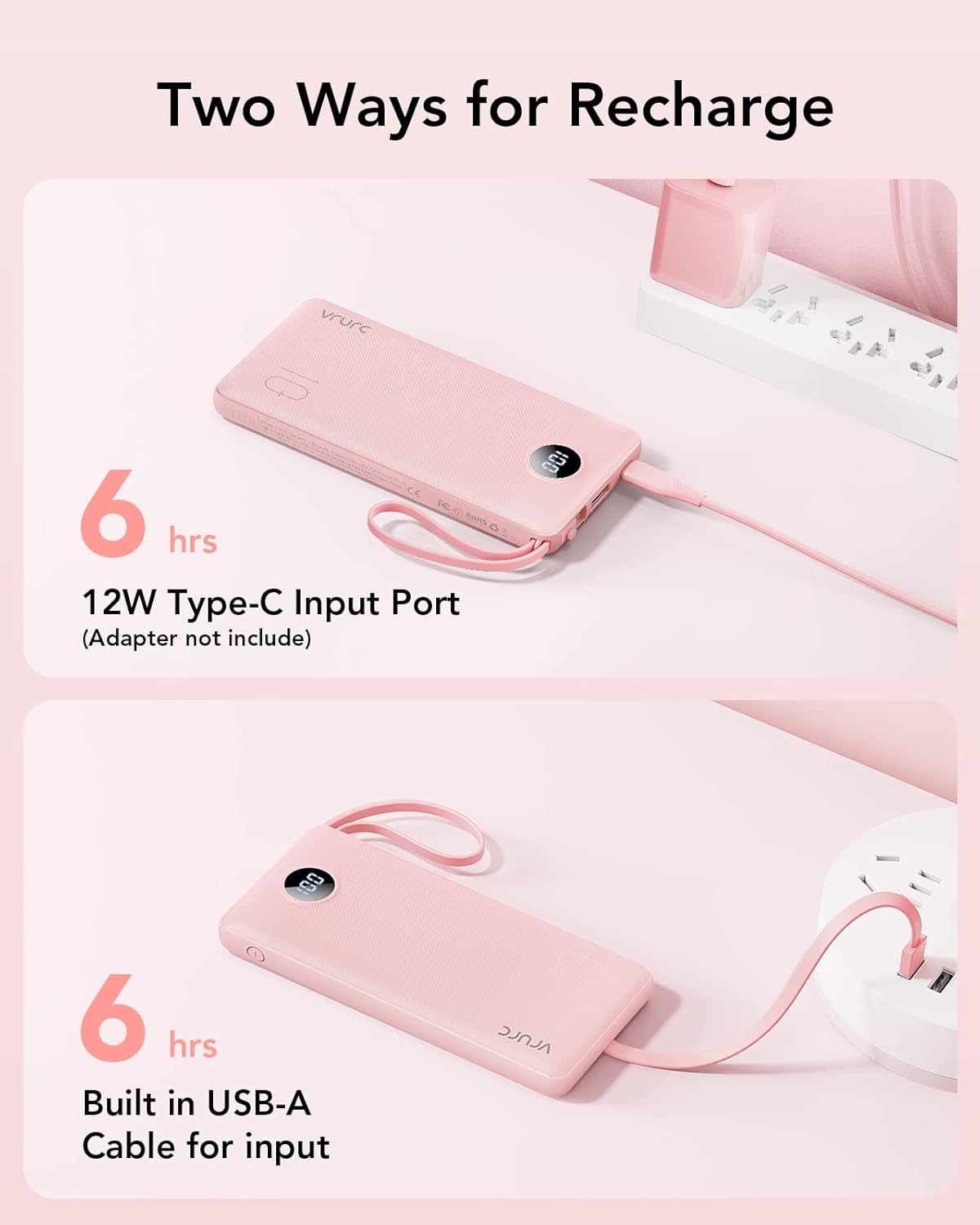 VRURC Portable Charger Power Bank, 10000mAh Travel Essentials Battery Pack, 5 Outputs 2 Inputs Slim Charging Bank Built-in Cables Cords Wires Compatible with iPhone,Samsung,Android-Pink(1 Pack)