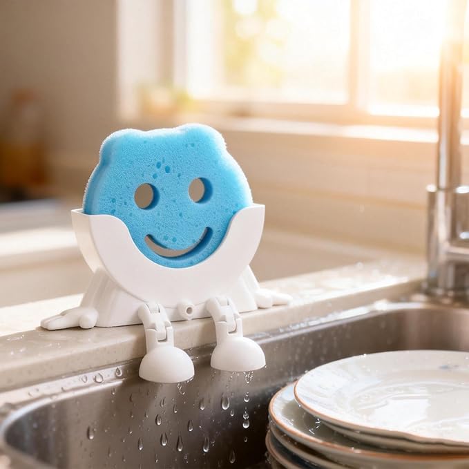Cute Hanging Sponge Holder,Smiley Face Sponge Holder with Drainage Keeps Your Sponge Dry & Smiling,For Scrub Daddy Holder,Spac-Saving & Quick Drying Sponge Storage Organizer (red)