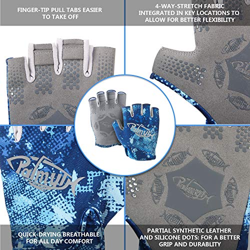 Palmyth Stubby UV Fishing Gloves Sun Protection Fingerless Glove Men Women UPF 50+ SPF for Kayaking, Paddling, Canoeing, Rowing, Driving - color: Blue Camo, size: Small