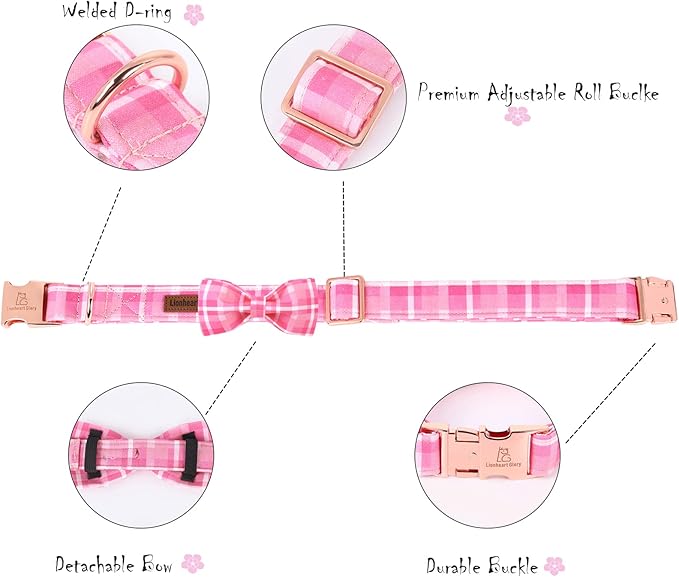 Lionheart glory Pink Plaid Dog Collar, Adjustable Dog Collar with Bowtie, Pet Gift Girl Collar for Dog Soft Bowtie Dog Collars for X-Large Dogs