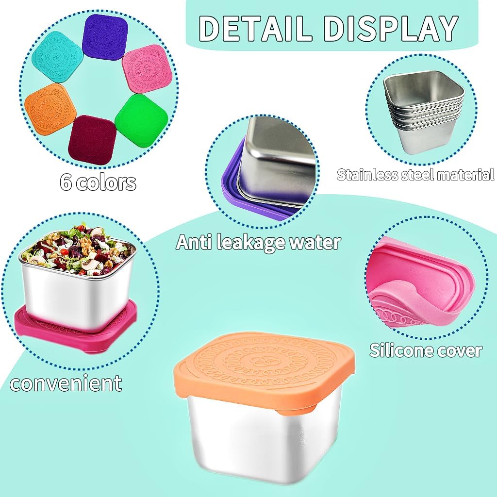 6Pack 6oz Stainless Steel Snack Containers for Kids, Easy Open Leak Proof Metal Toddler Snack Containers with Silicone Lids, Stackable Metal Toddler Lunch Box for Daycare, School and Travel