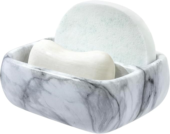 MyGift 5.4 Inch Deluxe Modern White Marble Pattern Resin Double Sponge Holder, Kitchen Sink Countertop Dish Cleaning Sponges or Scrubbing Pads Bowl with 2 Compartments