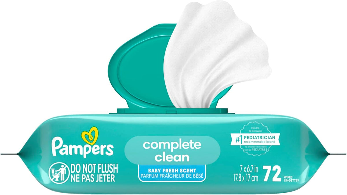 Pampers Baby Wipes, Complete Clean Baby Fresh Scented Wipe, Gently Cleans Head to Toe, 72 Total (1 Flip-Top Packs)