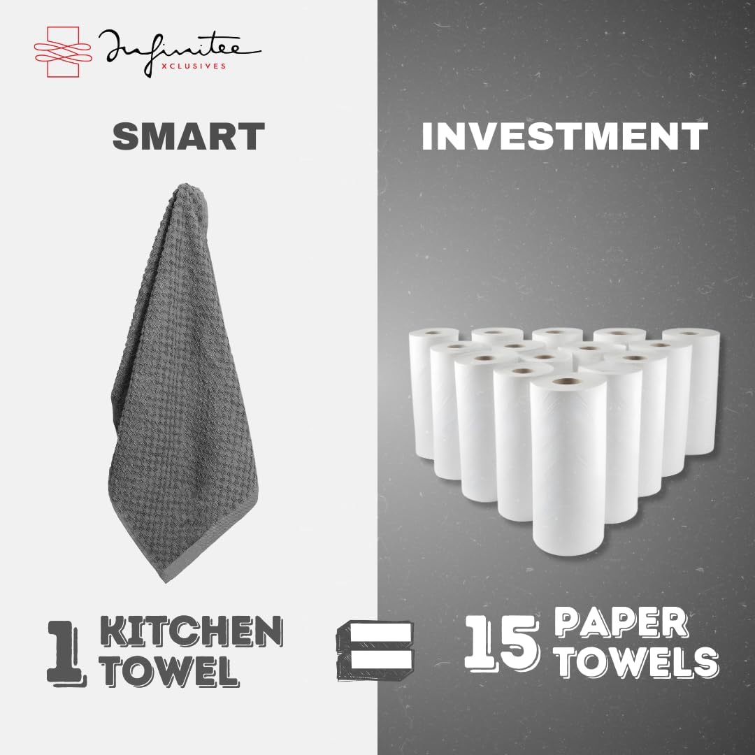 Infinitee Xclusives 100% Cotton Kitchen Towels - 15x25 Inch Ultra Soft Tea Towel, Super Absorbent Terry Dish Towels for Kitchen Linens |Grey|