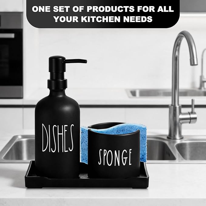Dish Soap Dispenser for Kitchen, Glass Dish Soap Dispenser with Sponge Holder, Black Dispenser Set with Tray, 3 in 1 Countertop Sink Organizer, Farmhouse Kitchen Decor