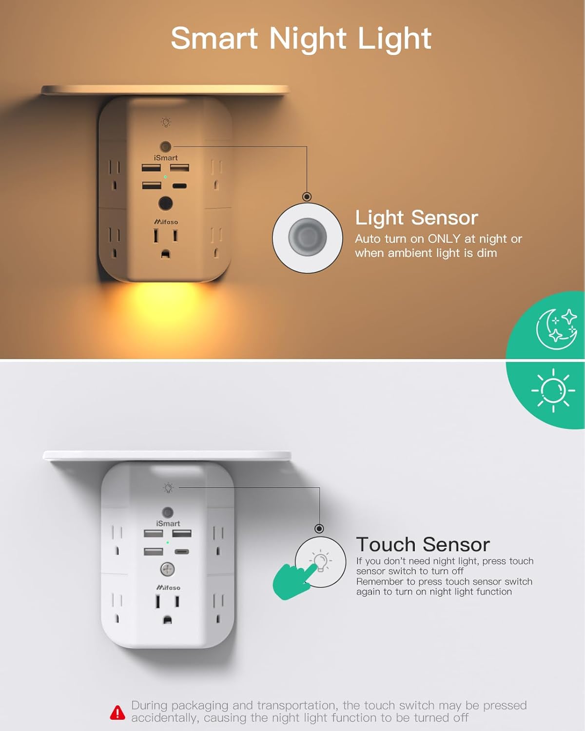 Mifaso 3-Sided Multi Plug Power Strip, Wall Extender with Shelf, Night Light & Surge Protector, USB Wall Charger with 5 AC Wide Space Outlets and 3 USB & 1 C Port, White