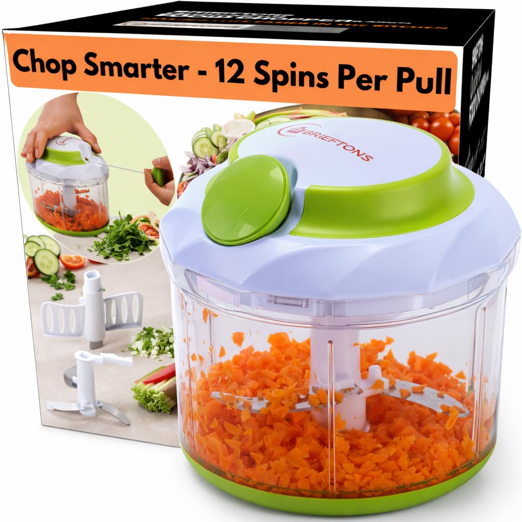 Brieftons QuickPull Manual Food Chopper: Large 4-Cup Powerful Hand Pull Chopper/Mincer/Mixer Blender to Chop Onion, Garlic, Vegetables, Fruits, Herbs for Salsa, Salad, Pesto, Puree, Indian Cooking