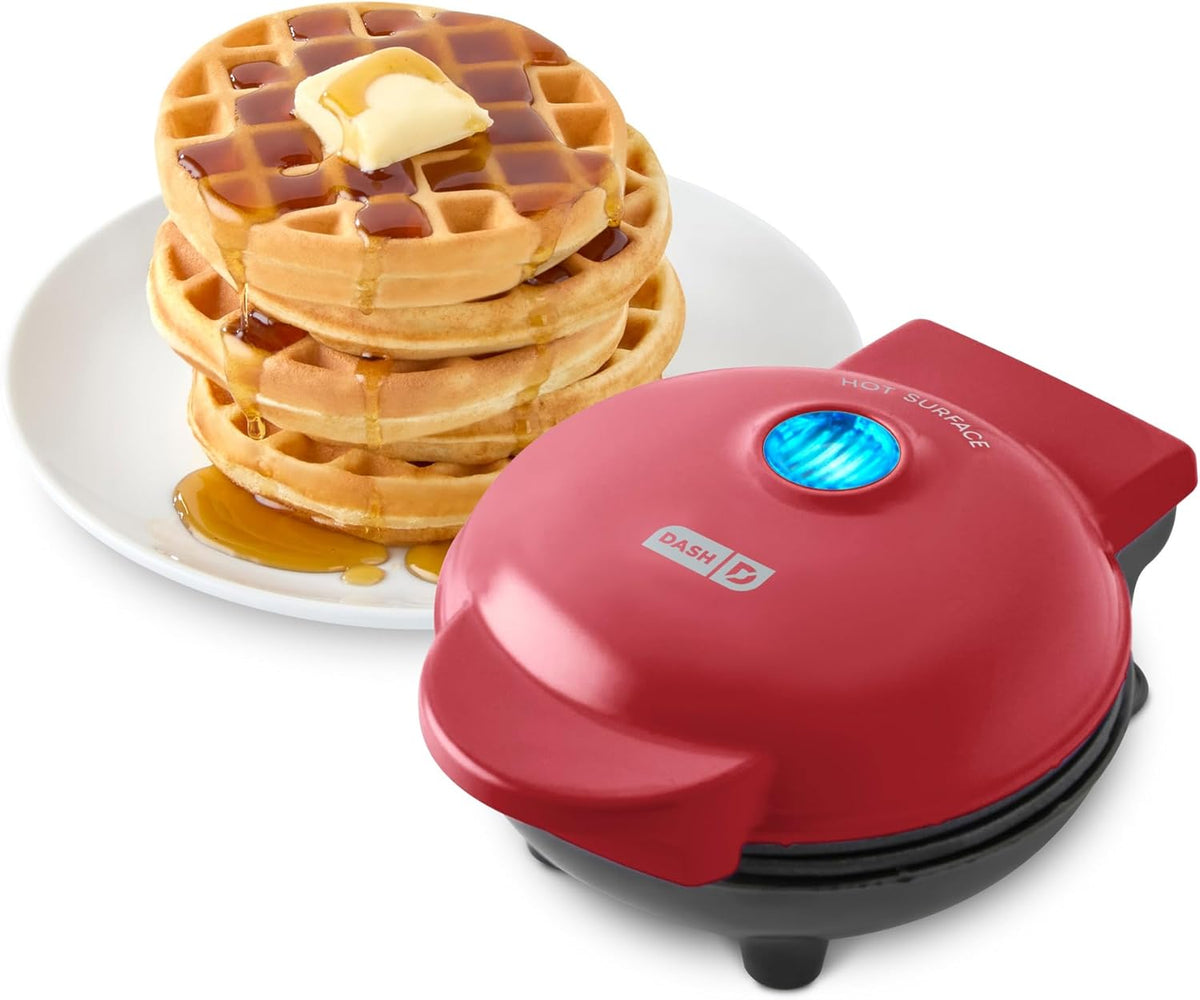 Dash Mini Waffle Maker- Compact Electric Iron for Creative Homemade Treats - PTFE nonstick surface - Easy-to-Clean - Perfect for Kids & Families - Red