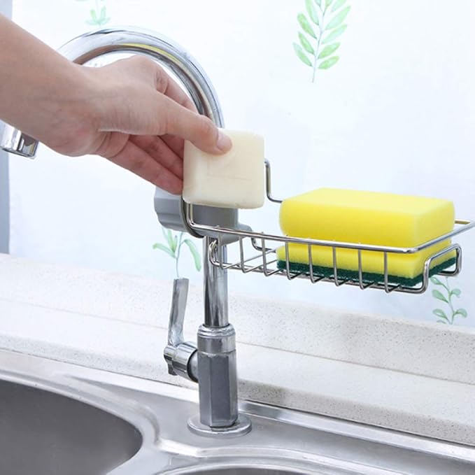 Sponge Holder for Kitchen Sink, Stainless Steel Sink Faucet Organizer Over Faucet Organizer, Detachable Sink Caddy Organizer for Kitchen Bathroom Hanging Cleaning Supplies