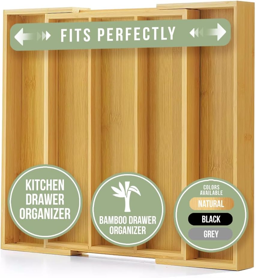 Purawood Kitchen Drawer Organizer - Expandable Utensil Drawer Organizer for Kitchen, Cutlery Tray & Silverware Organizer, 3-5 Slots - Bamboo Organizer for Utensils & Flatware (Natural)