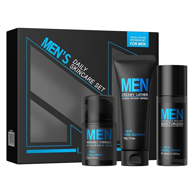 LAIKOU Men's Skin Care Set, Gifts for Men, Skincare Gift Set, Men Skincare with Facial Cream, Facial Cleanser, Facial Toner Father's Day Christmas Birthday Valentines for Him Dad Son Husband Boyfriend