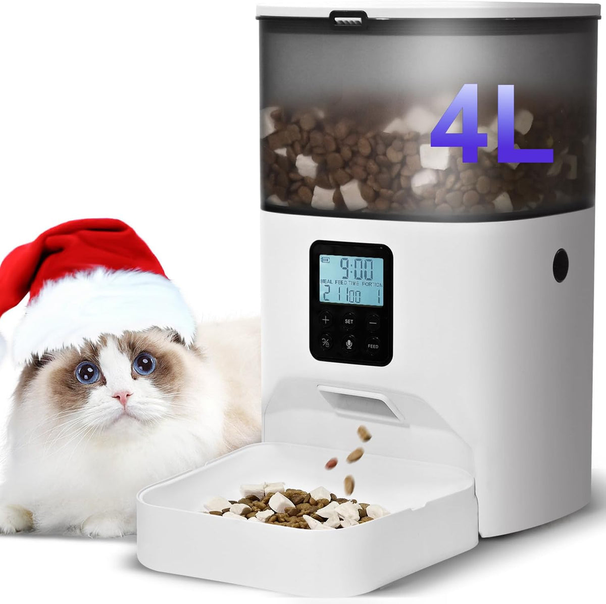 Automatic Cat Feeder, 4L Cat Food Dispenser with 10s Voice Recorder, Pet Feeder up to 8 Meals per Day, Timed Dog Feeder with Dry Food Sealed Ring (White, 4L-Basic)