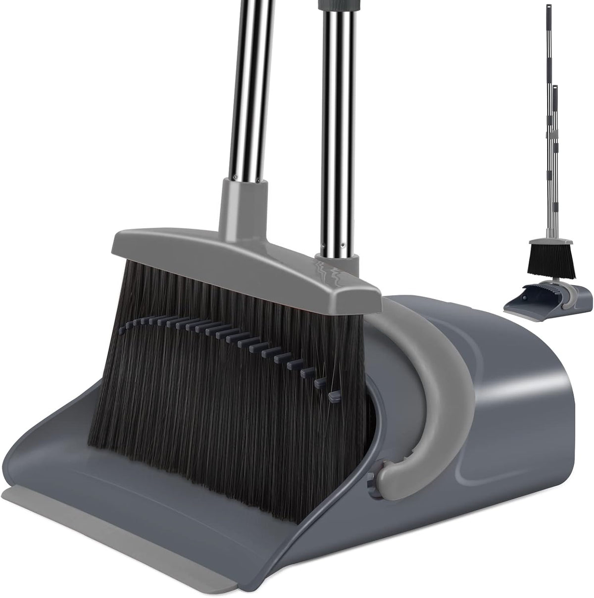 Broom and Dustpan Set, Dust pan with Long Handle, Broom with Dustpan Combo Set, Broom and Dustpan for Home, Indoor or Outdoor Cleaning Tool (Deep Gray&Light Gray)