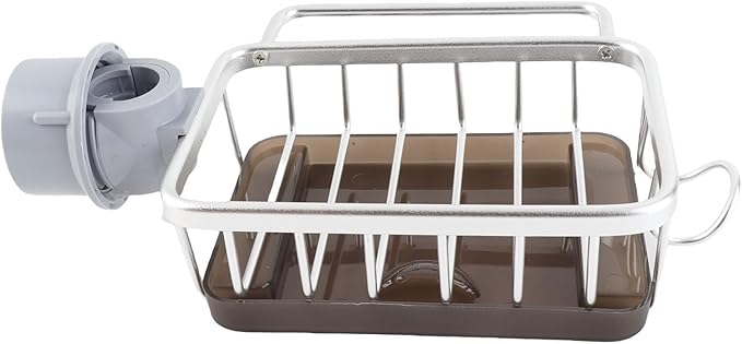 Zerodis Kitchen Sink Faucet Organizer, Space Aluminum Rustproof Dish Sponge Holder with Divider and Drip Tray for Kitchen Dishwashing Sponges Brushes Cloth (Silver)