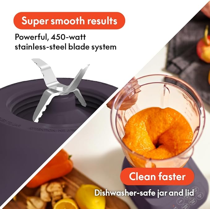 bella 10 Speed Countertop Blender, Juicer & Smoothie Maker, Fits-anywhere™ Kitchenware, Slim Flip & Store Design, Dishwasher Safe 48oz Capacity Pitcher & Lid, Stainless Steel Blade, 450 Watt, Plum