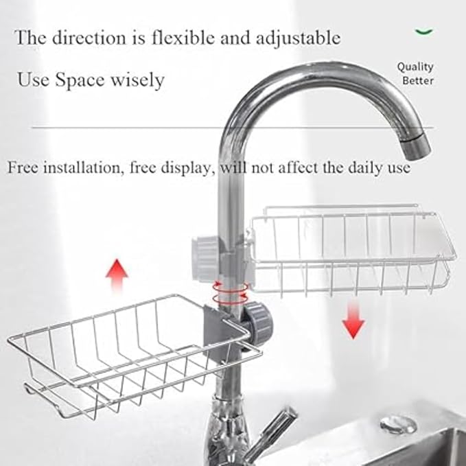 Sponge Holder Over Faucet Kitchen Sink Caddy Organizer, Stainless Steel Hanging Faucet Drain Rack for Soap, Scrubbers & Sponges, Rustproof Chrome Sink Organizer