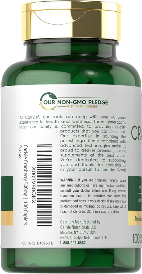 Carlyle Cranberry Pills | 500mg | 100 Caplets | Non-GMO, Gluten Free Supplement for Women & Men