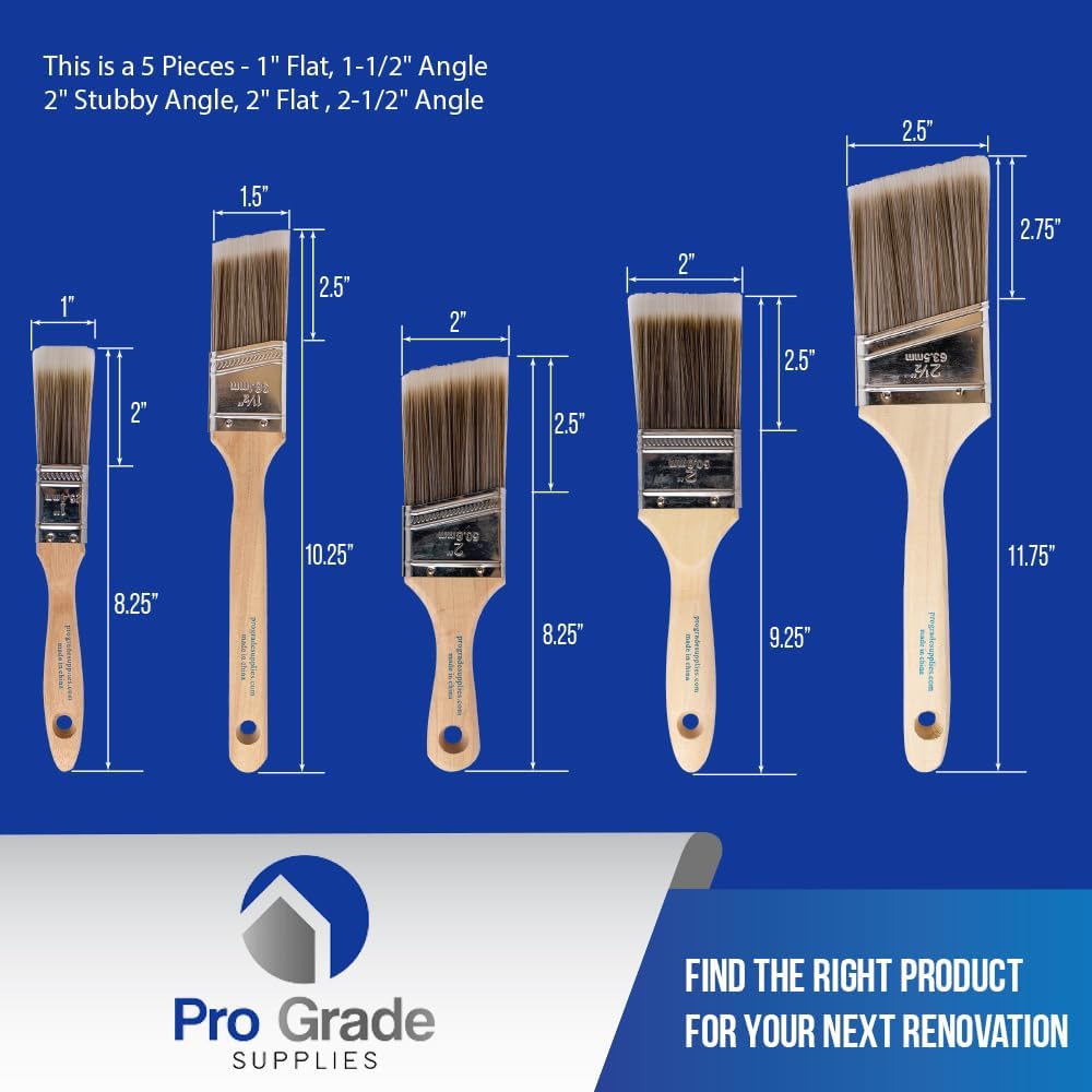 Pro Grade, Paint Brushes, 5-Piece, Paint Brush Set: Flat & Angle Brushes for Latex and Oil Paints, Stains, Interior & Exterior Home Improvement