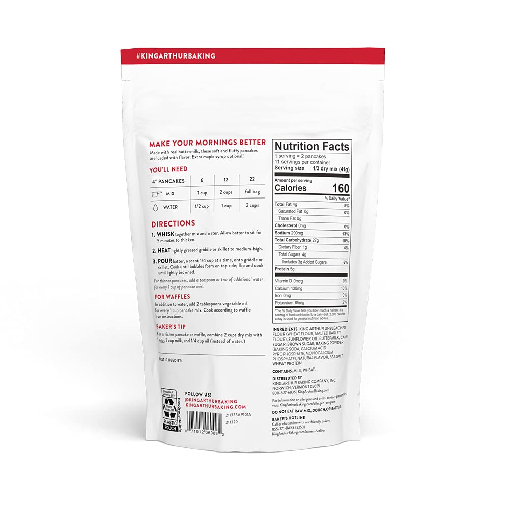 King Arthur Buttermilk Pancake Mix Just Add Water, Sourced Non-GMO, Certified Kosher, 16 Oz