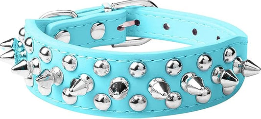 Spiked Dog Collar Soft Pu Leather Mushrooms Rivet Spike Studded Puppy Adjustable Pet Collars for Small Breeds (M, Light Blue)