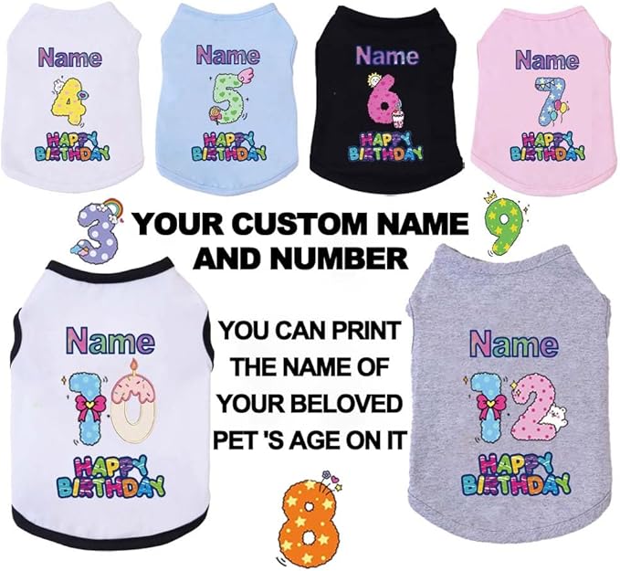 Custom Dog Birthday Shirt,Personalized Pet Apparel Print with Name Age Number,Pet Birthday Outfit,Lightweight Breathable Cotton Vest for Small Medium Large Dogs Cat (White + Black Border, Large)