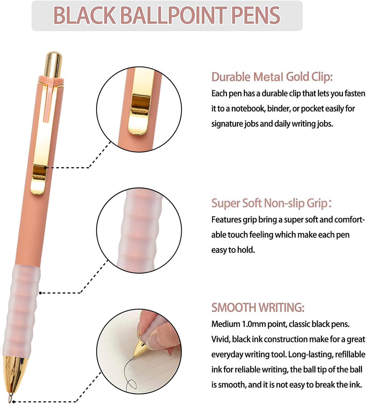 Linbsunne Ballpoint Pens Black Medium Point 1mm Pen with Super Soft Grip Ball Point Pen for Men Women Retractable Pens (gold-12 pcs)